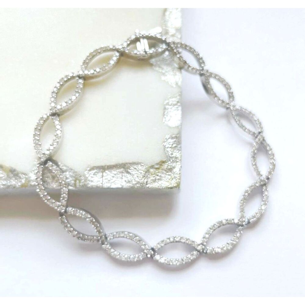 Vintage Sterling Silver Marquise Shaped Link Bracelet with CZ Accent Stones